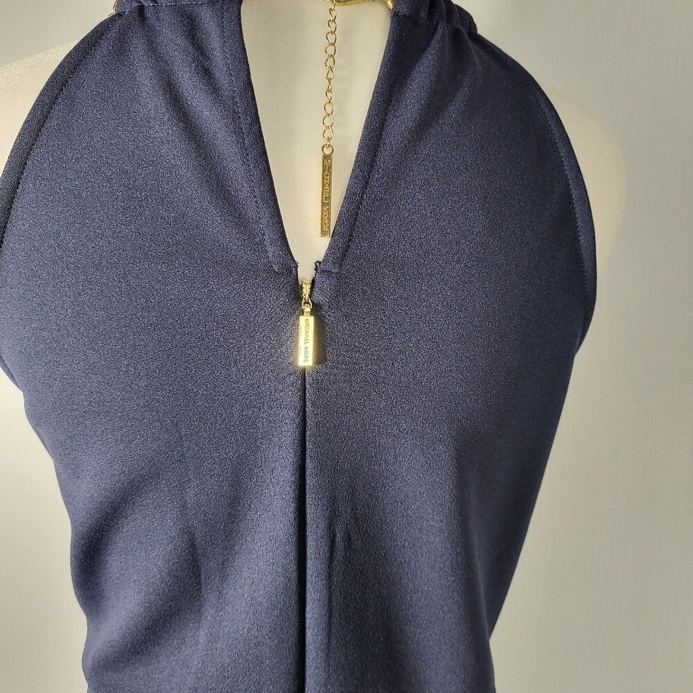 Michael Kors Navy Blue Studded Chain Halter Mini Dress Gold Hardware Large - Picture 6 of 9